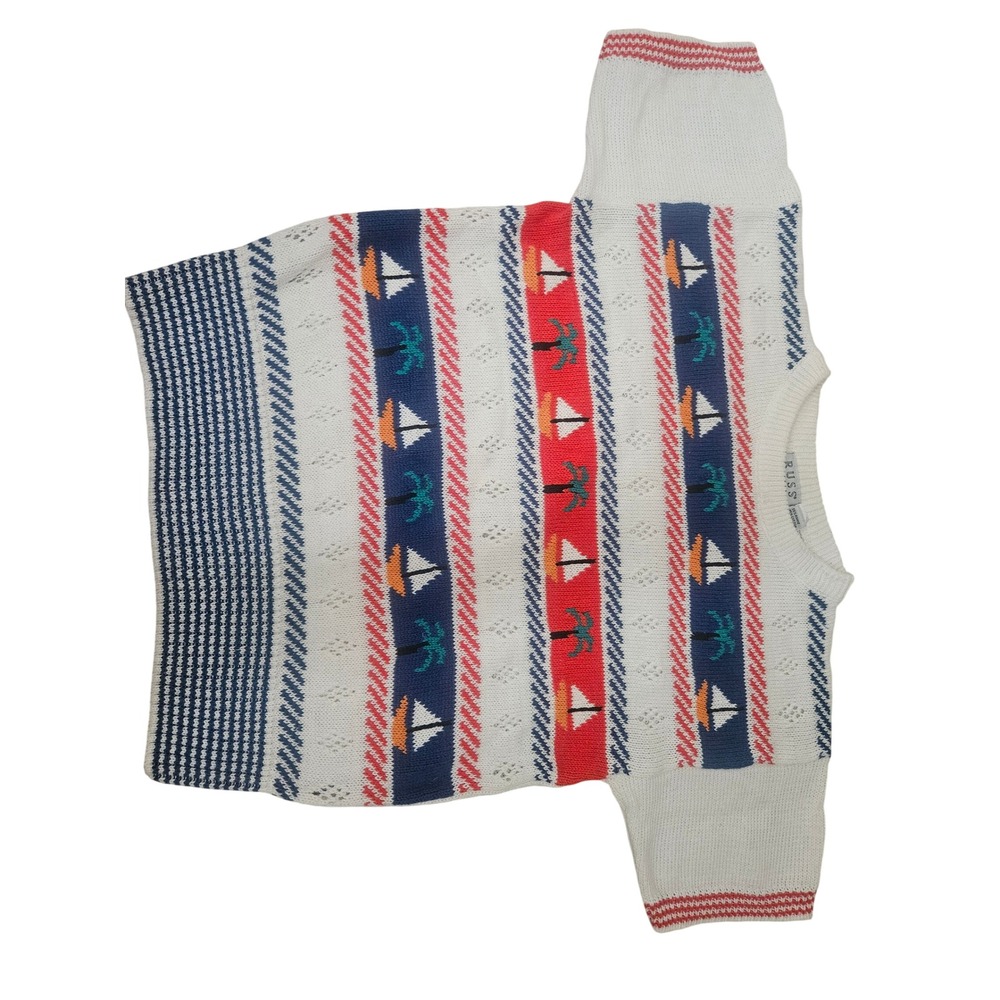 Russ Studio Sweater Women Large White Excellent Nautical Sailboat Palm Tree